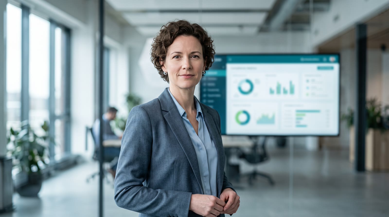 A woman in a slate-blue blazer standing in an open office, a blurred dashboard on a wall screen behind her.