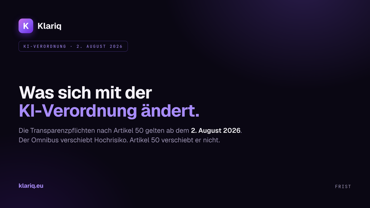 Klariq-Banner: der EU AI Act am 2. August 2026 und was sich an diesem Datum genau ändert.
